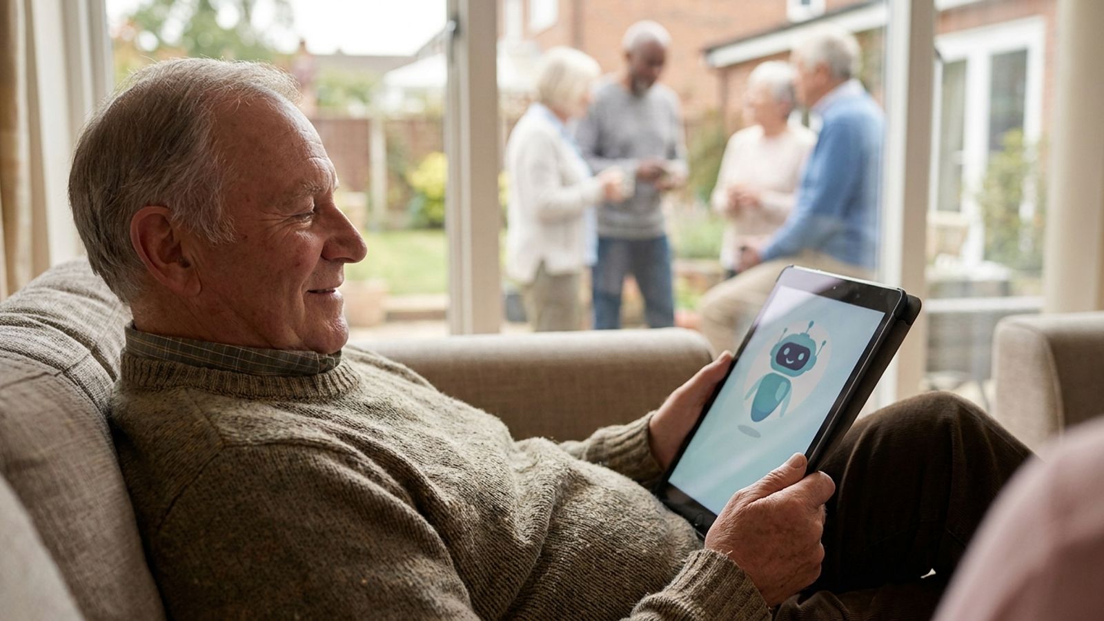 A smiling older man relaxing on his couch at home while enjoying content on a tablet