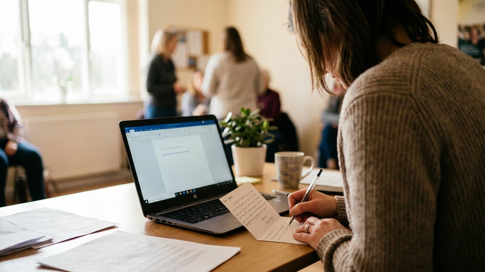 A person writing a personal donor thank-you note at a desk with a laptop