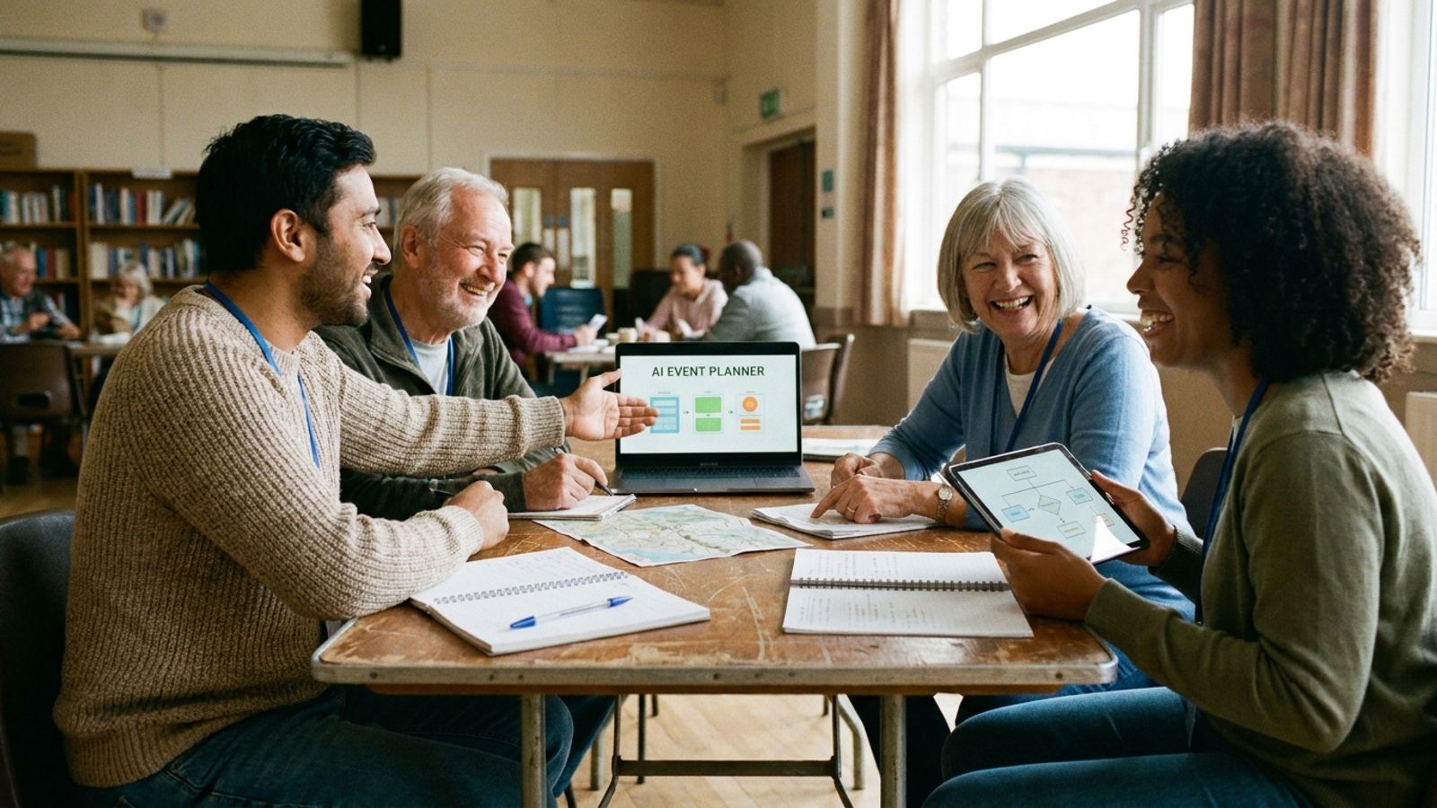 Community volunteers smiling and planning an event together at a folding table.