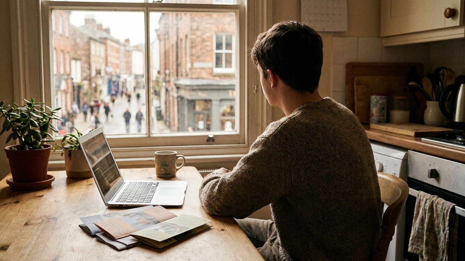 A high school student looking thoughtfully out a window while sitting at a kitchen table with a laptop and college brochures.