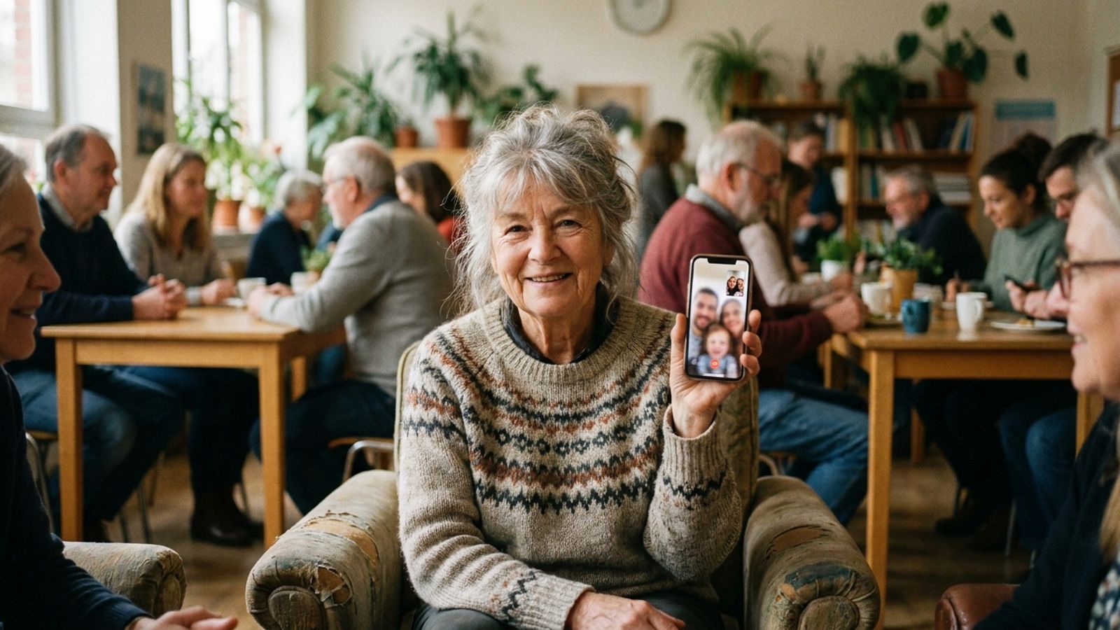 An older woman smiling while using a smartphone, staying connected with family