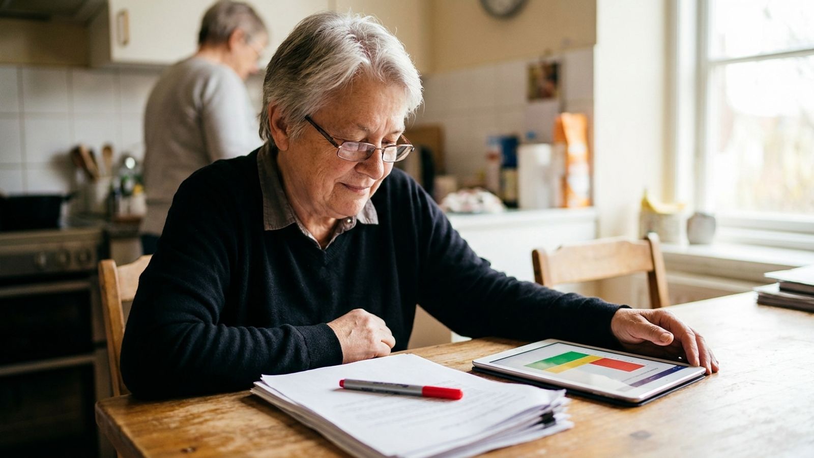 An older adult reviewing a medical bill at a kitchen table with a marker and a digital tablet.