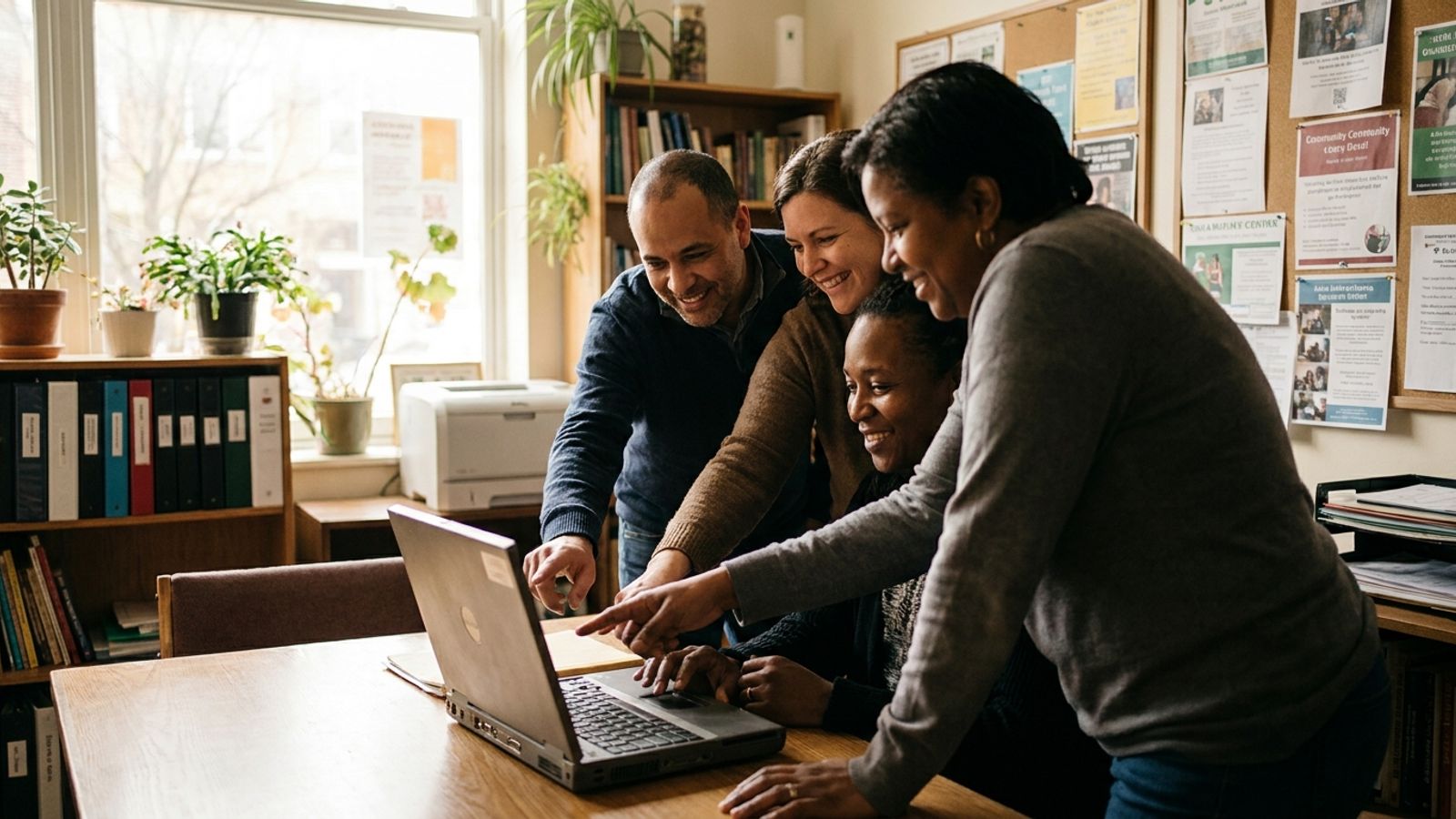 A small nonprofit team collaborating around a laptop in a community office