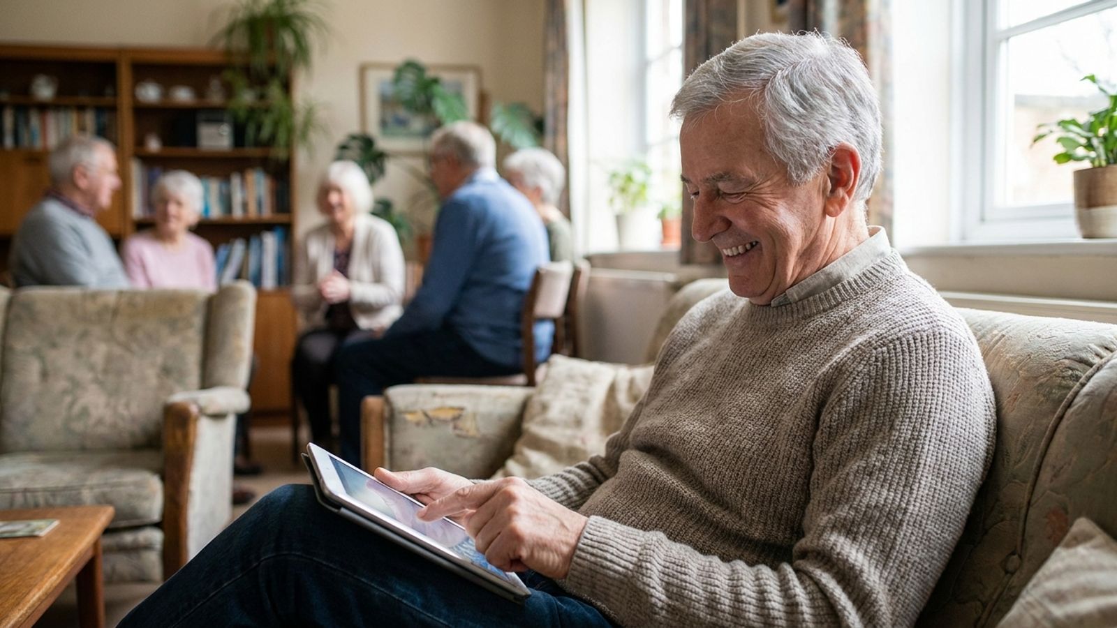 A cheerful senior man sitting on a couch at home, smiling while swiping a tablet screen