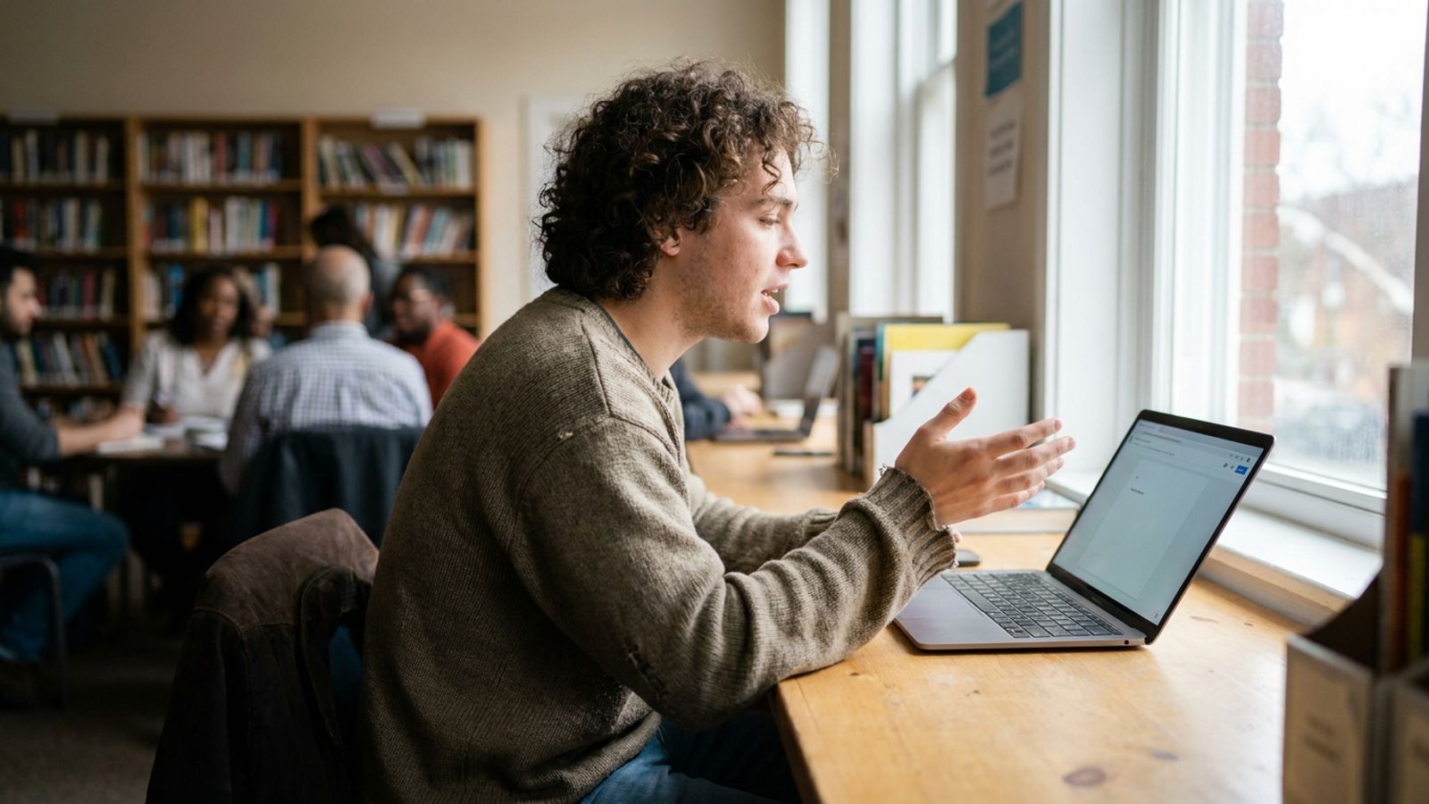 A student practicing a job interview out loud at a sunny desk.