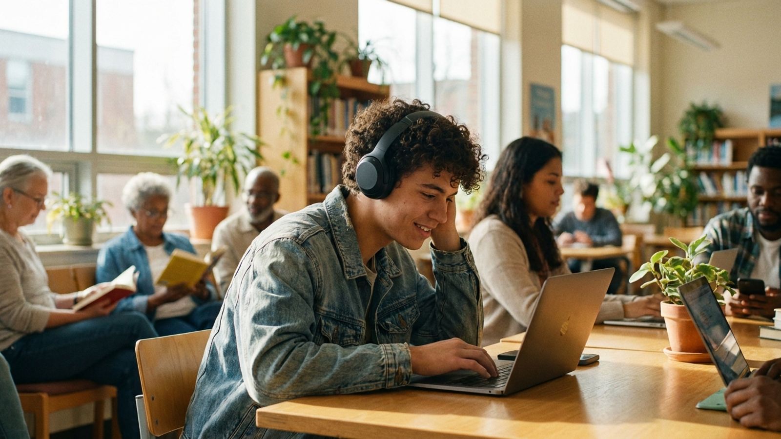 A young student wearing headphones, leaning in and focused while studying on a laptop in a bright study space