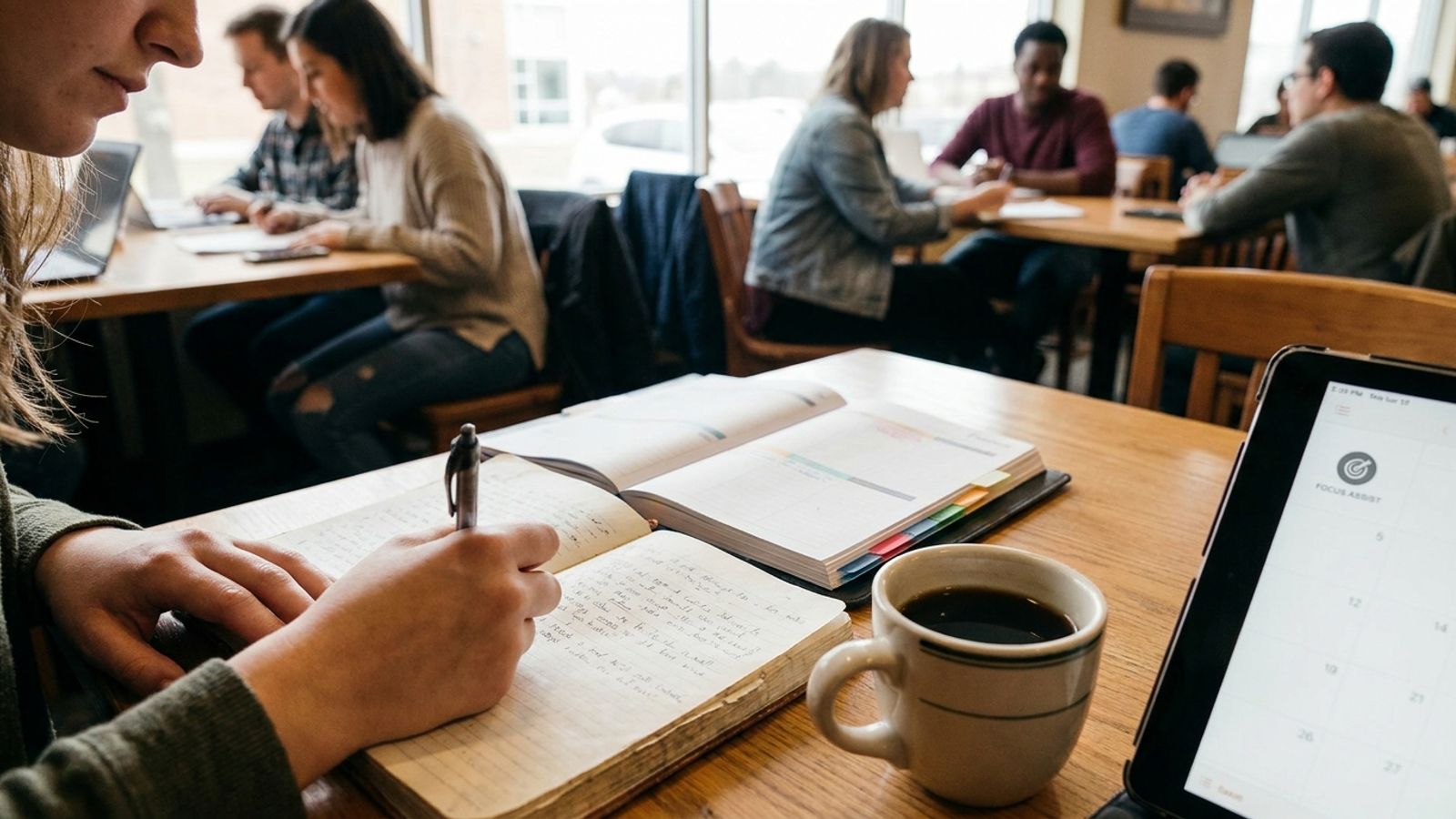 A student's hand writing notes with a pen at a wooden desk, planning beside a notebook and a cup of coffee