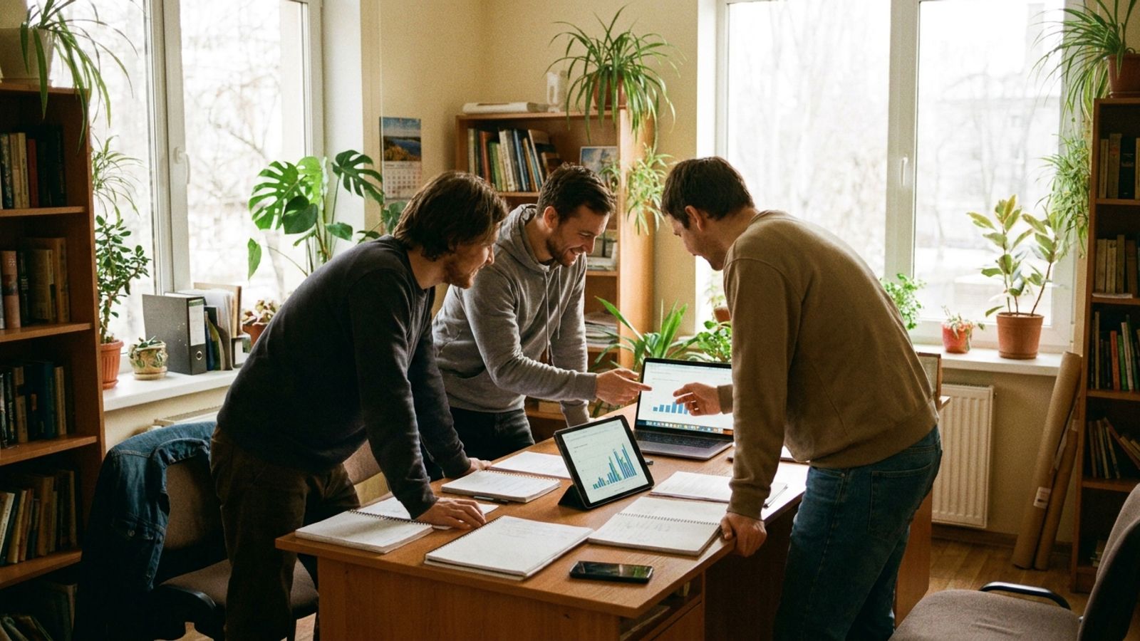 A small nonprofit fundraising team reviewing donor data together at a desk
