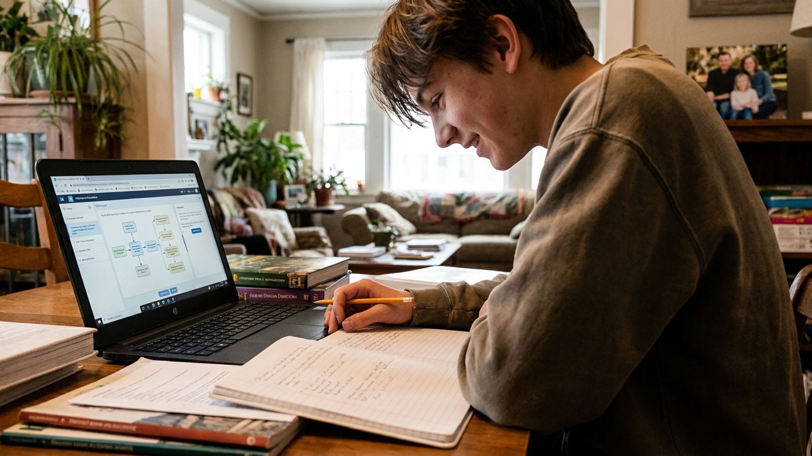 A teenage student sitting at a desk at home doing homework with a notebook, pencil, and laptop