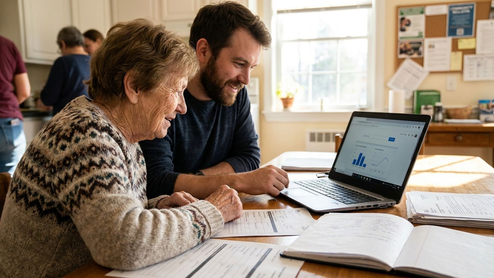 An older adult and a younger family member looking at a laptop together at a kitchen table covered in paperwork.