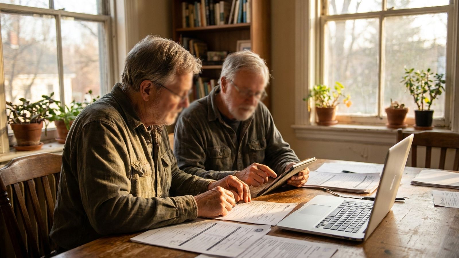 Two people at a kitchen table reviewing paperwork together in soft afternoon light.