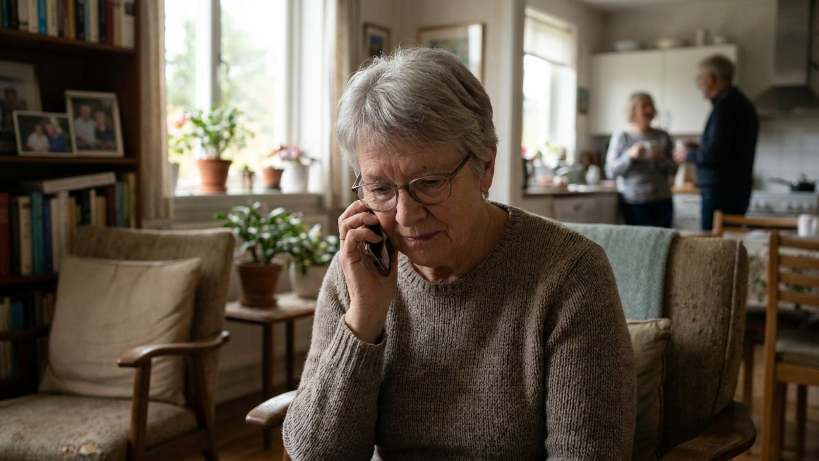 An older woman at home looking thoughtfully at her smartphone during a phone call