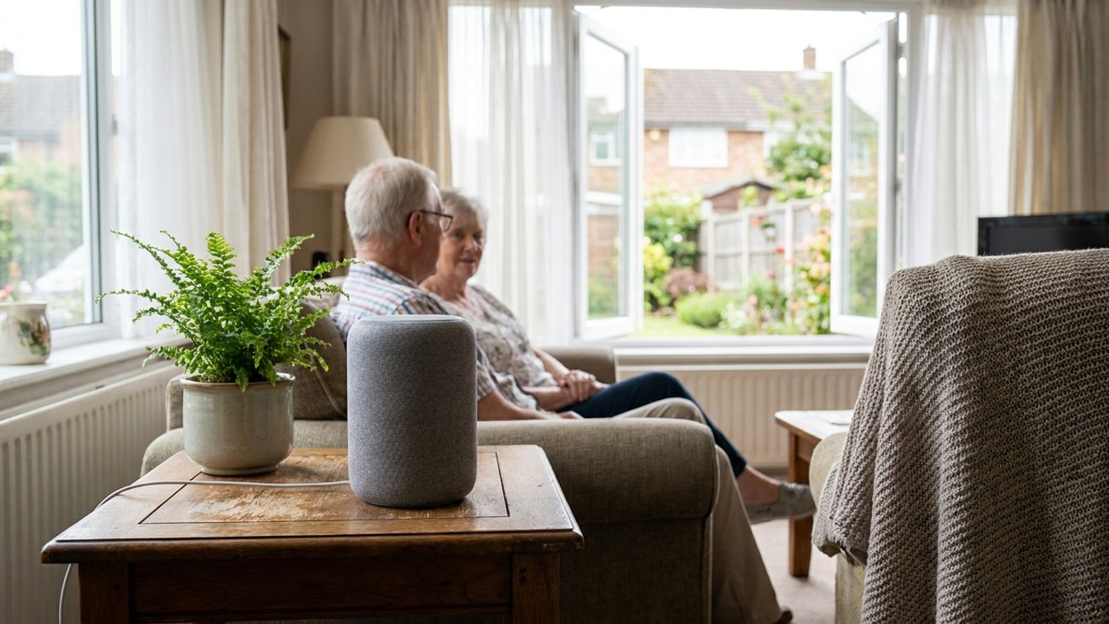 A fabric-covered smart speaker on a table next to a small green houseplant in a bright home
