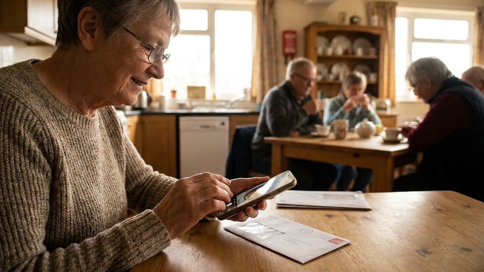 An older woman smiling while holding her smartphone over a piece of mail on her kitchen table.