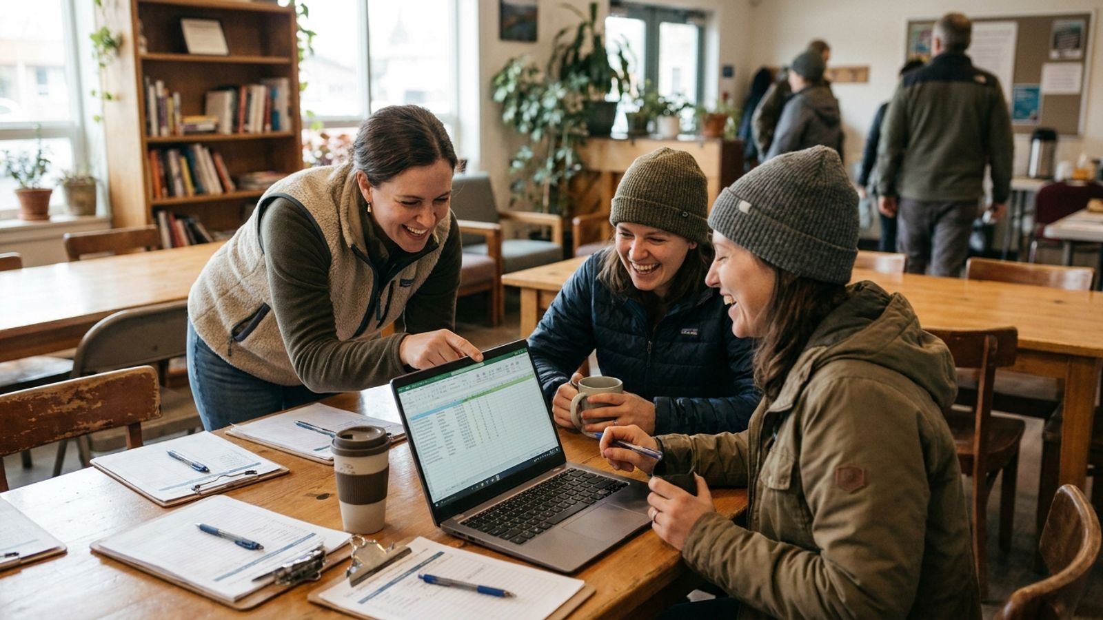 A volunteer coordinator at a community center table reviewing a schedule on a laptop with two volunteers