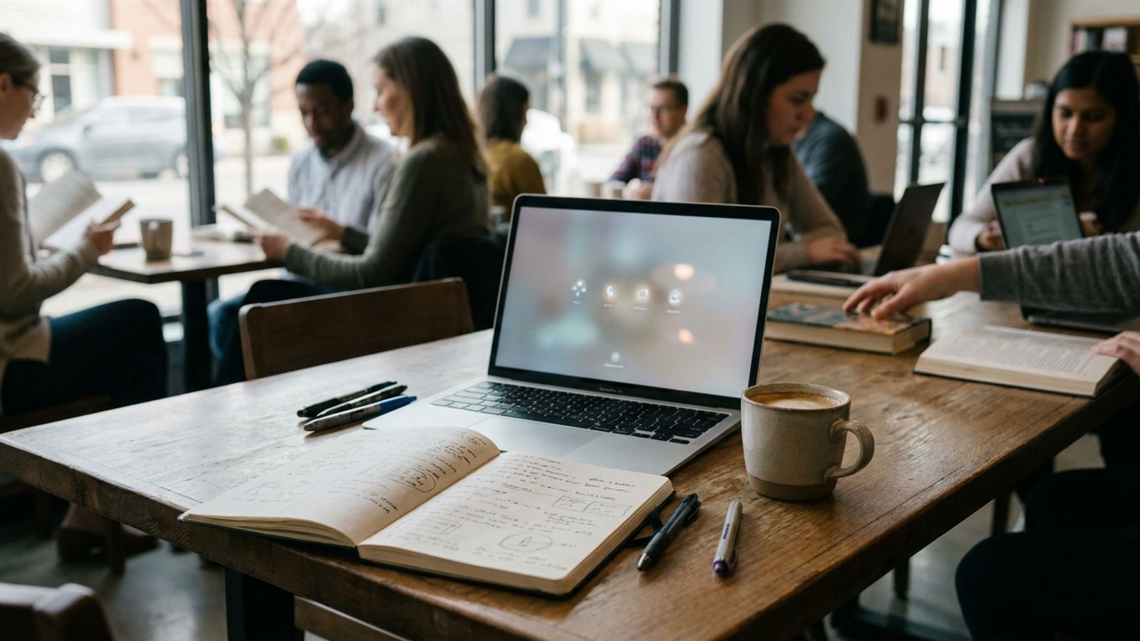 A student's desk with an open notebook, laptop, and coffee, set up for a study session