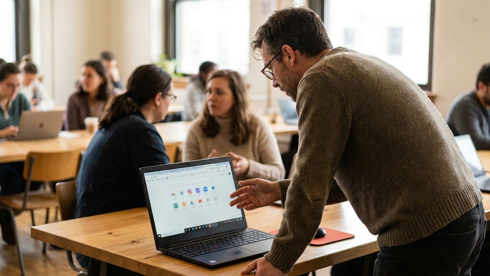 A nonprofit staffer comparing software tools on a laptop at a shared desk