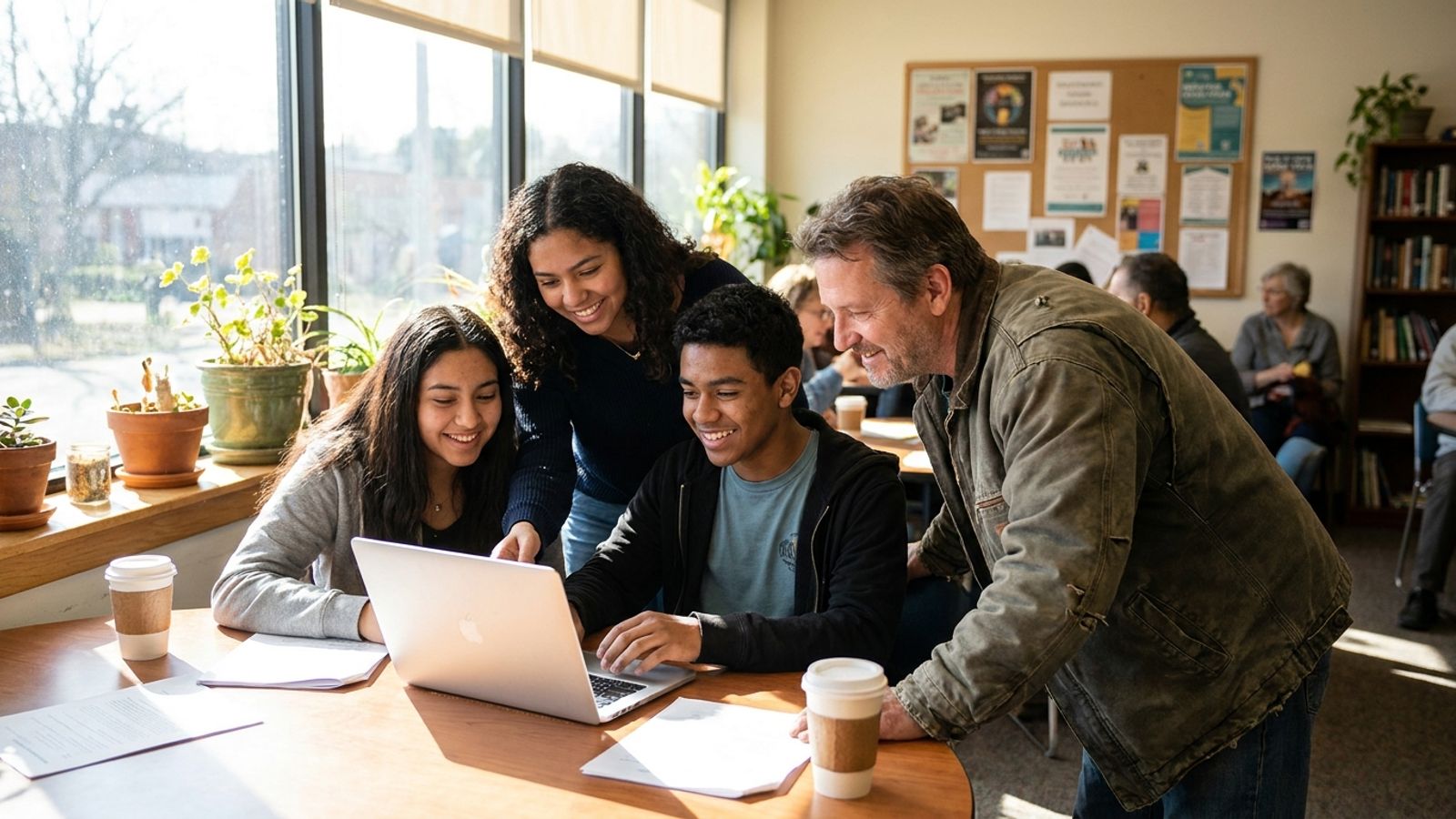 A community leader and high school students reviewing materials on a laptop in a sunny community center.