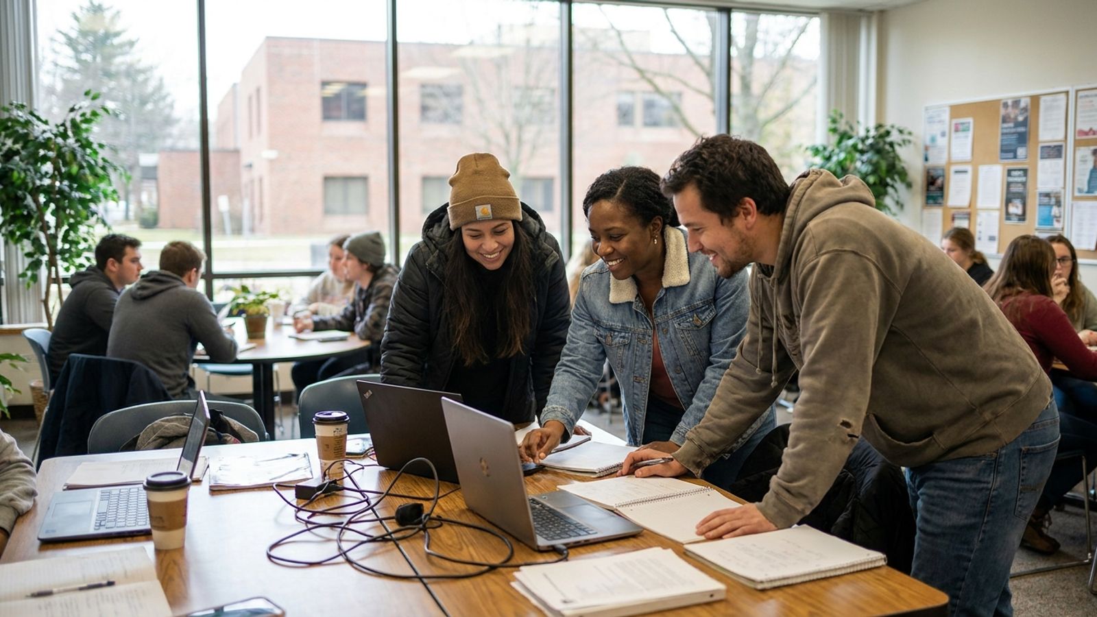 Three students sit together at a table working on laptops in a collaborative learning setting, evoking hands-on community-college tech training.