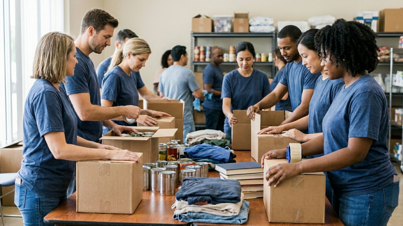 Volunteers in matching shirts sorting and packing boxes of donated goods at a community nonprofit, hands working together over a table