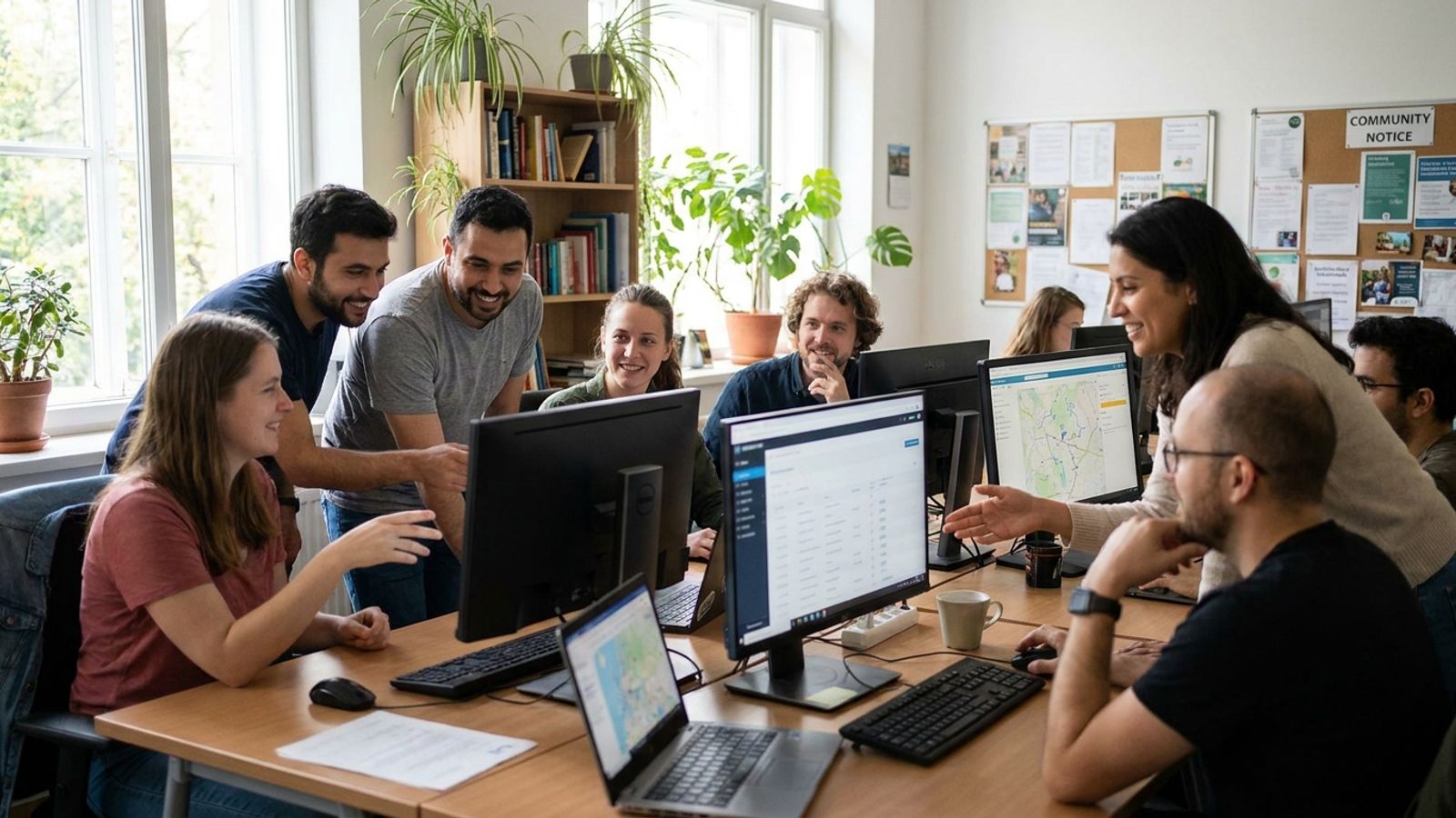 Caseworkers collaborating at computers in an office