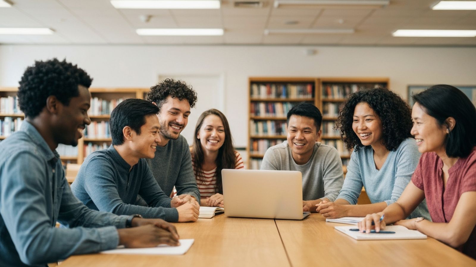 A diverse group of adult students sitting around a table in a community library, looking at a laptop and smiling.