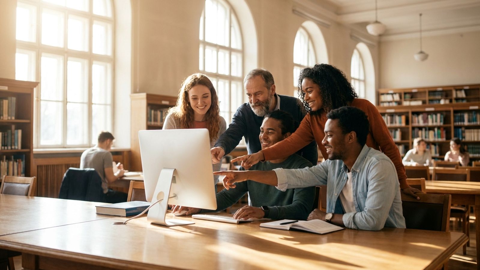 Students and a professor working together at a computer in a sunny university library.