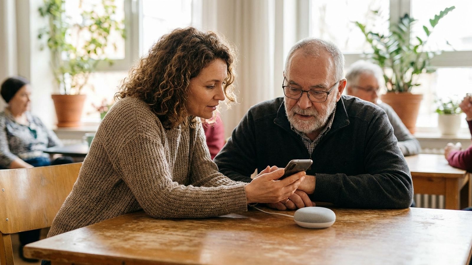 An adult daughter helps her older father configure an app on her smartphone near a smart speaker.