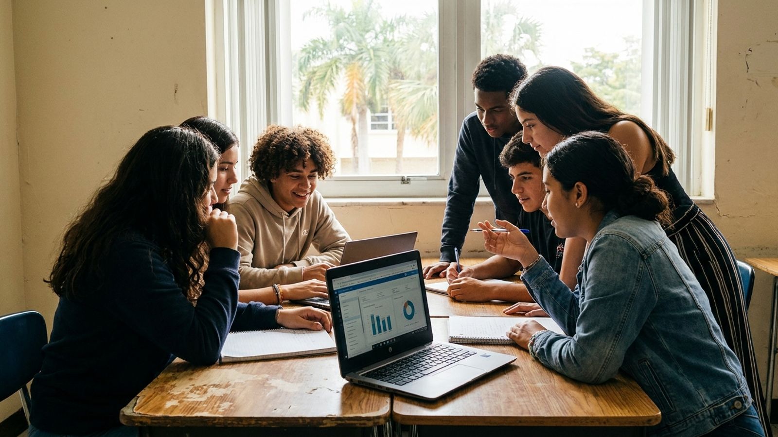 A diverse group of high school-aged students sitting together in a classroom, gathered around a laptop and collaborating on a project.