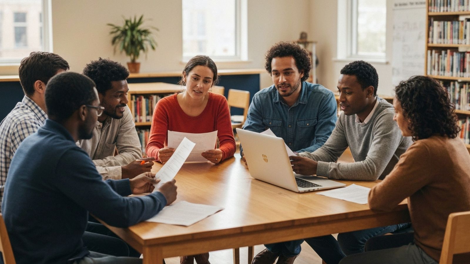 Community organizers collaborating around a table in a bright library setting.