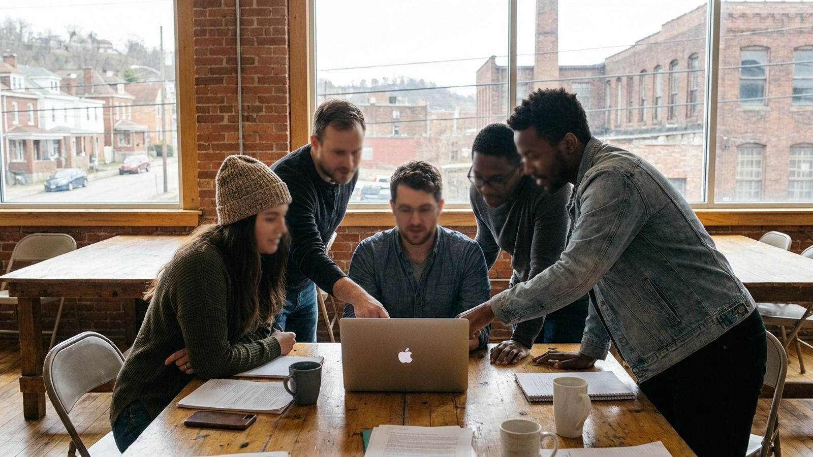 A nonprofit team collaborating around a laptop