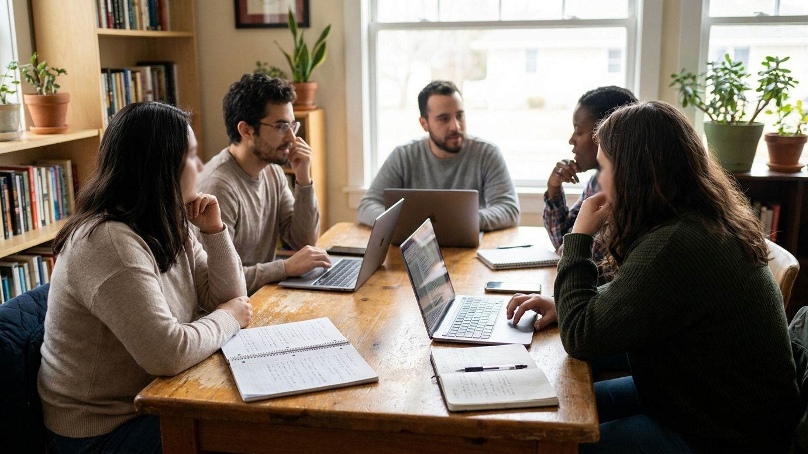 A nonprofit team discussing guidelines around a table with laptops and notes