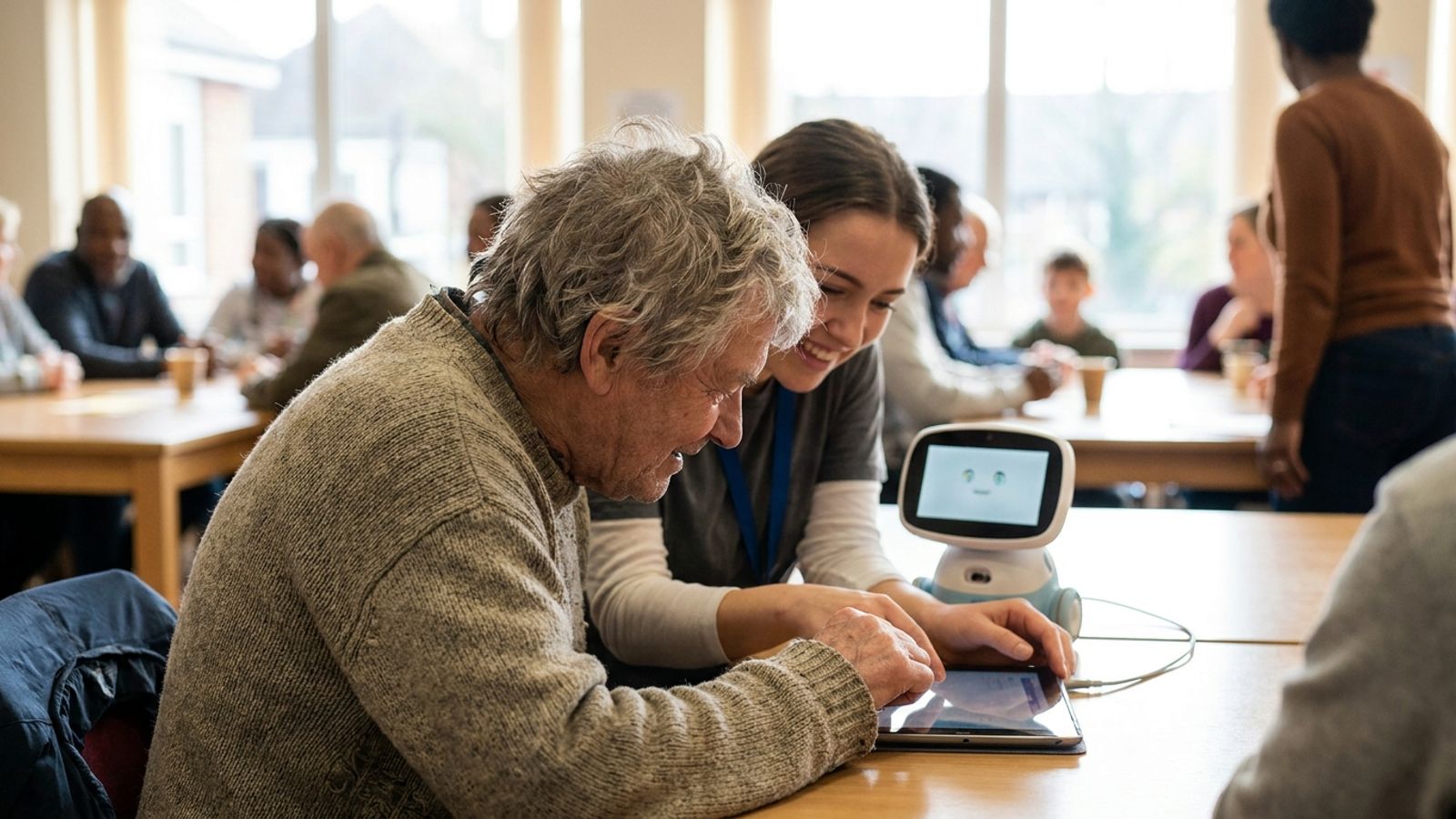 An older adult learning to use new technology with a volunteer's help