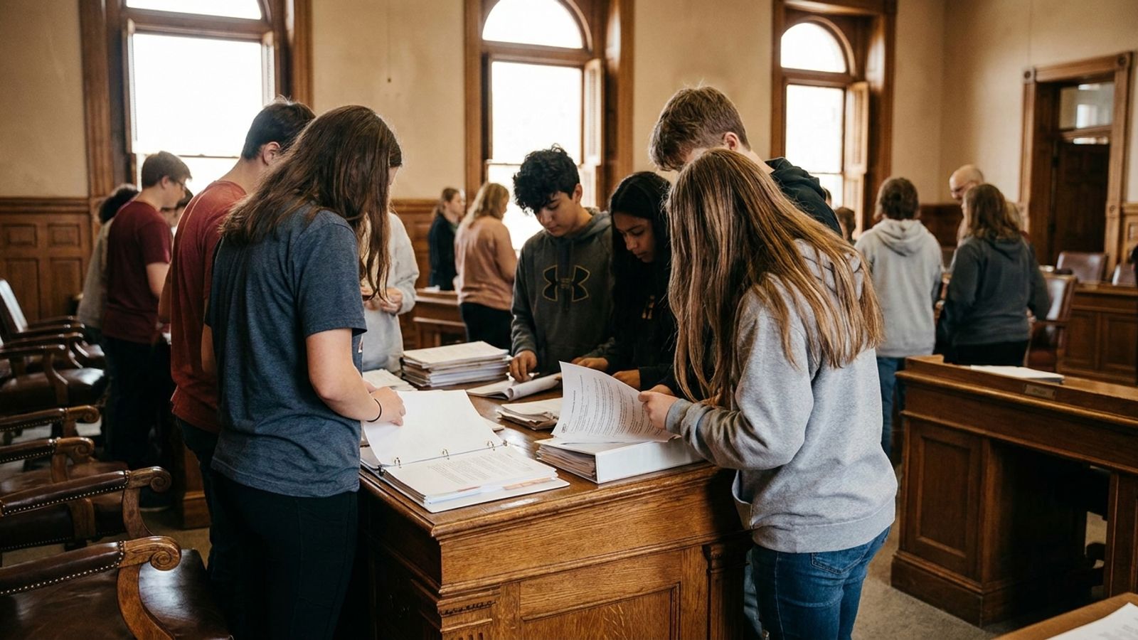 Teenagers reviewing documents together in a legislative chamber setting.