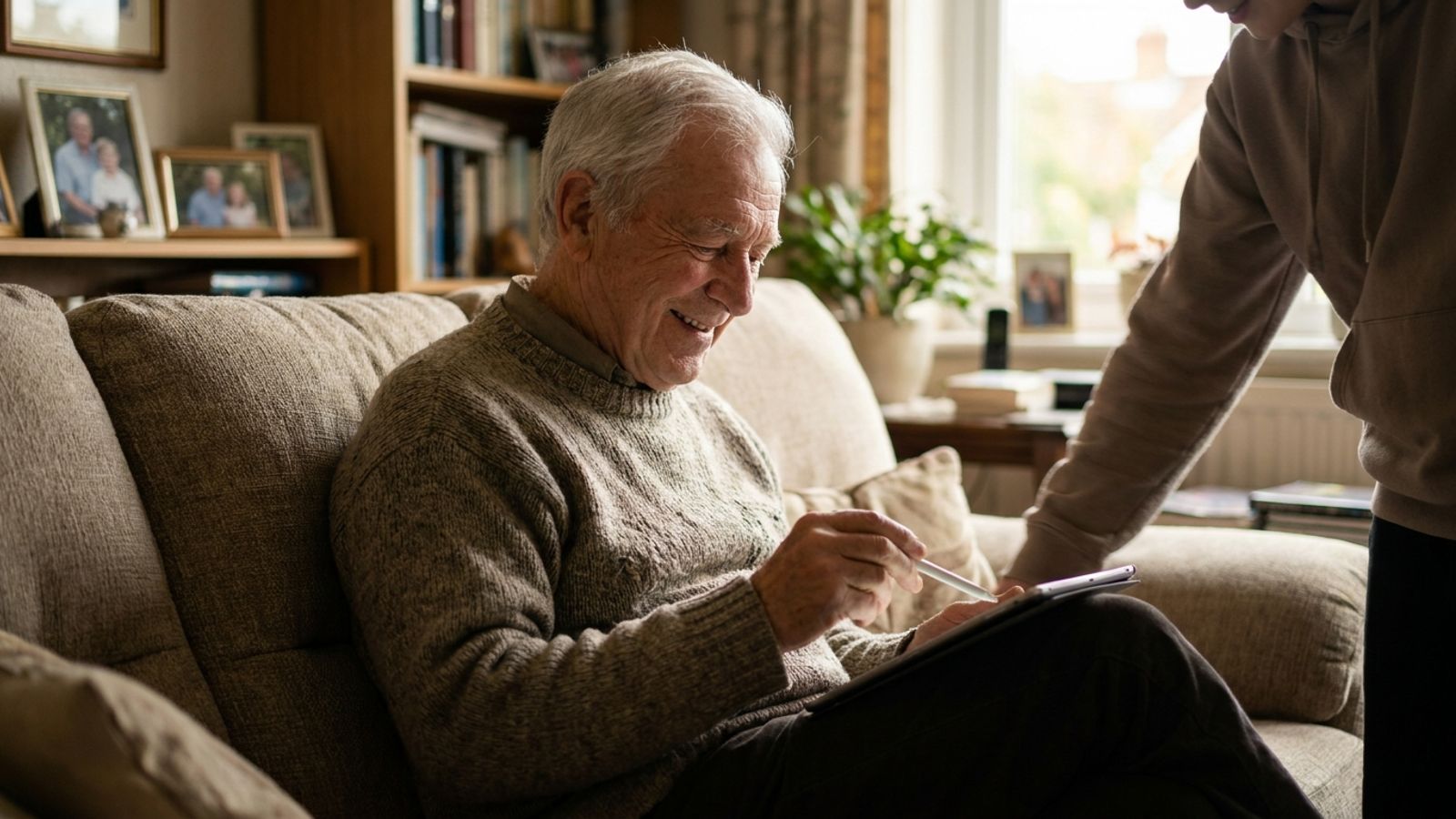 A cheerful senior man sitting on a couch at home, smiling while using a tablet