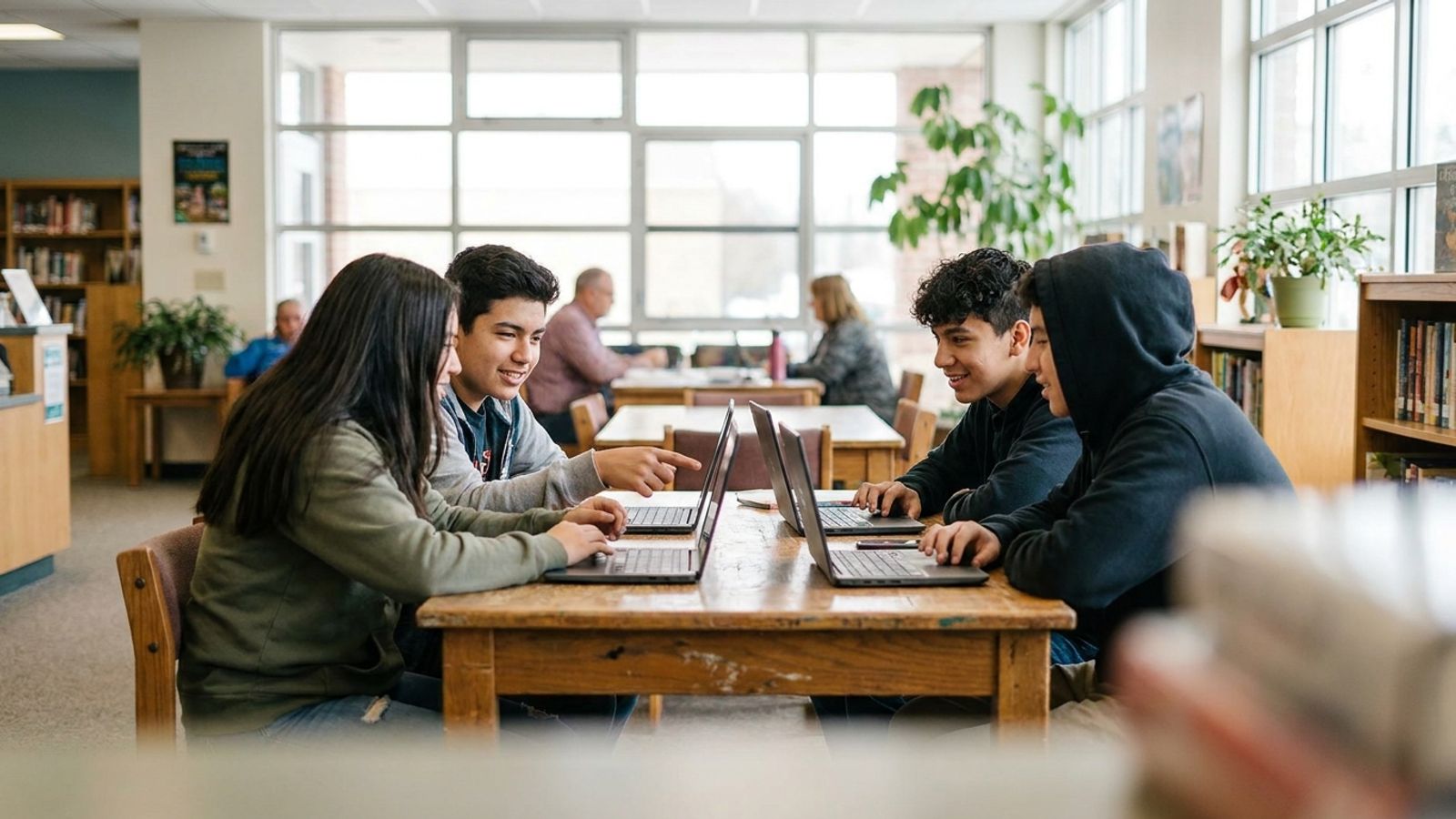 A group of teenage students working together on laptops at a table