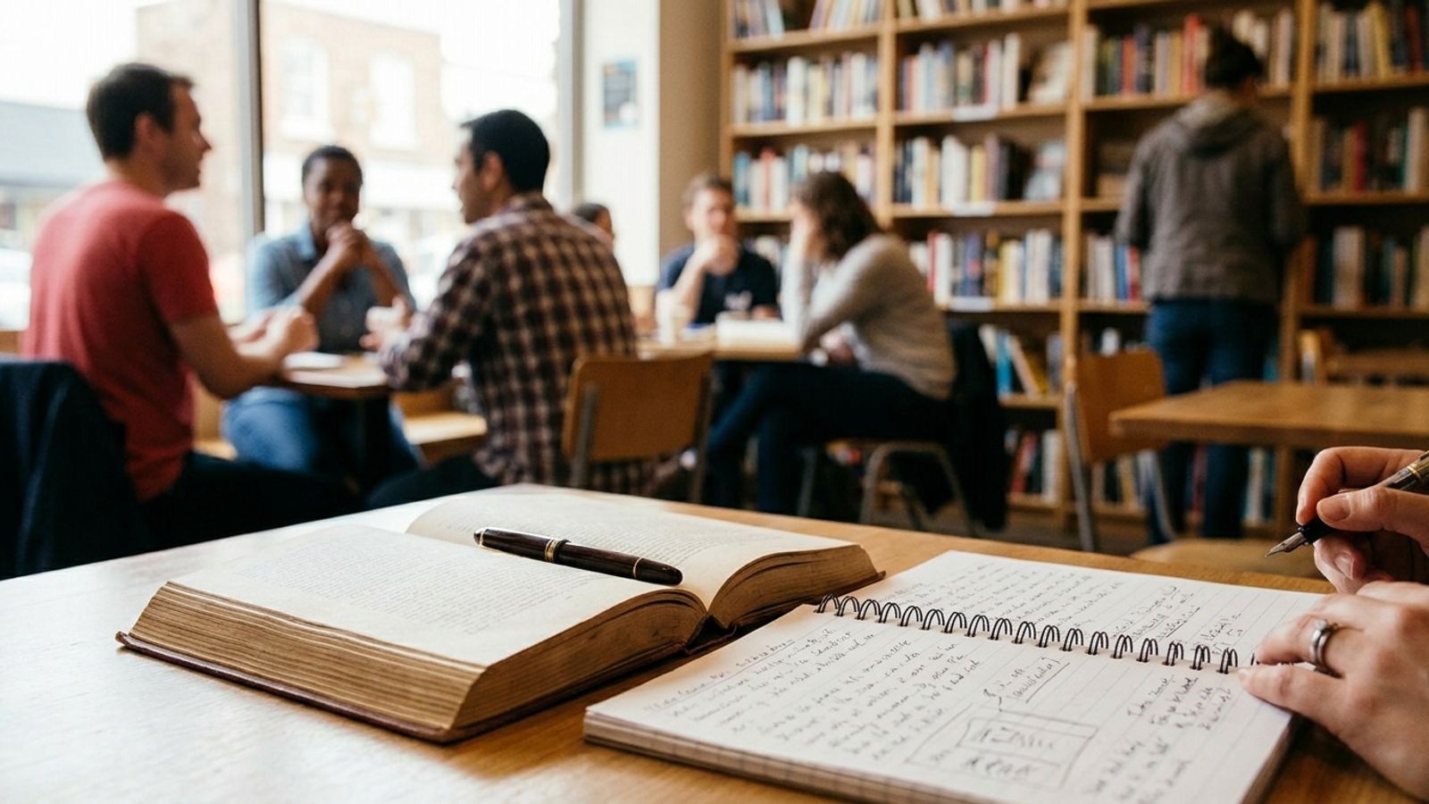 An open book with a pen resting on it next to a handwritten notebook in front of a bookshelf